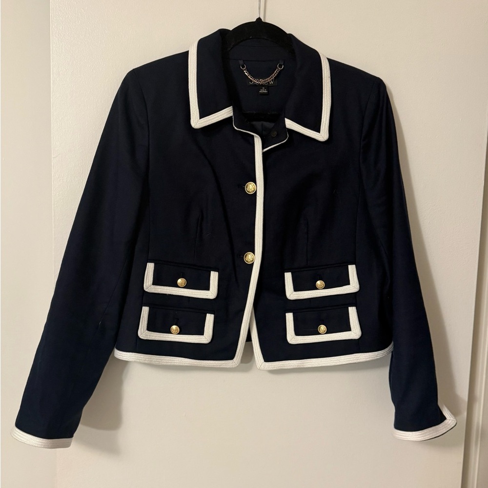 J. Crew Collection Linen Dark Blue Blazer with White Accents and Gold Buttons
